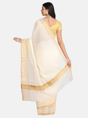 Cream Embroidered Cotton Saree With Blouse 4
