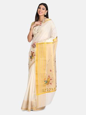 Cream Embroidered Cotton Saree With Blouse 1