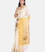 Cream Embroidered Cotton Saree With Blouse