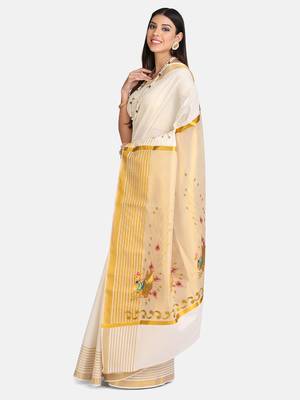 Cream Embroidered Cotton Saree With Blouse 3