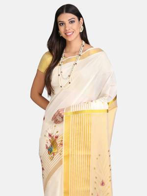 Cream Embroidered Cotton Saree With Blouse 5