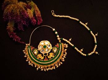 Designer kundan pearl stone bridal wedding nose ring indian style nath with pearl line 1