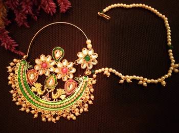 Designer kundan pearl stone bridal wedding nose ring indian style nath with pearl line 2