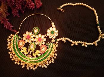 Designer kundan pearl stone bridal wedding nose ring indian style nath with pearl line 3
