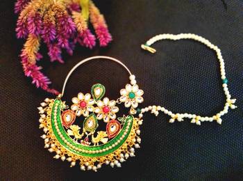 Designer kundan pearl stone bridal wedding nose ring indian style nath with pearl line 1