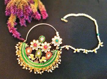 Designer kundan pearl stone bridal wedding nose ring indian style nath with pearl line 2