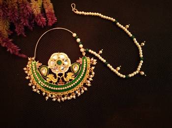 Designer kundan pearl stone bridal wedding nose ring indian style nath with pearl line 1