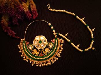 Designer kundan pearl stone bridal wedding nose ring indian style nath with pearl line 2