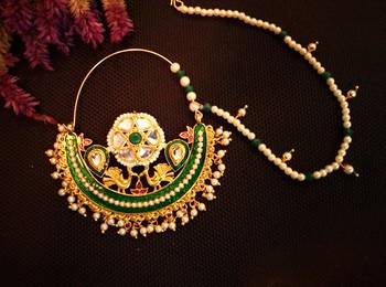 Designer kundan pearl stone bridal wedding nose ring indian style nath with pearl line 3