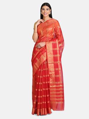 Red woven manipuri silk saree with blouse 1