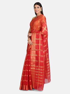 Red woven manipuri silk saree with blouse 3