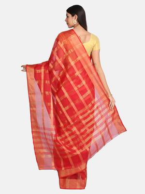 Red woven manipuri silk saree with blouse 4