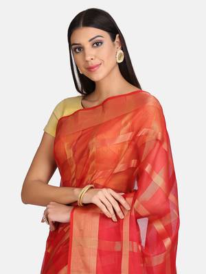 Red woven manipuri silk saree with blouse 5