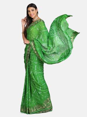 Green printed georgette saree with blouse 1