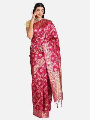 Pink woven art silk saree with blouse 1