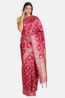 Pink woven art silk saree with blouse