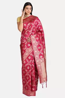 Pink woven art silk saree with blouse