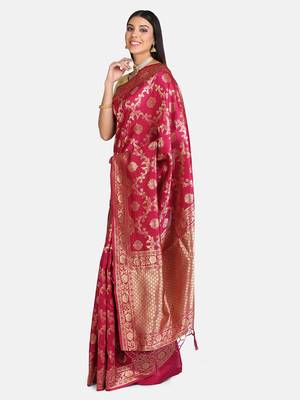 Pink woven art silk saree with blouse 3