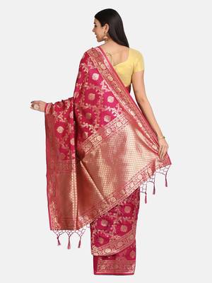 Pink woven art silk saree with blouse 4