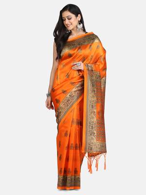 Mustard printed art silk saree with blouse 1