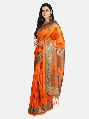 Mustard printed art silk saree with blouse 3
