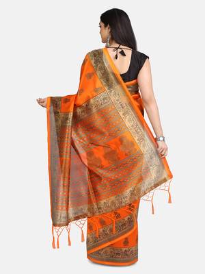 Mustard printed art silk saree with blouse 4