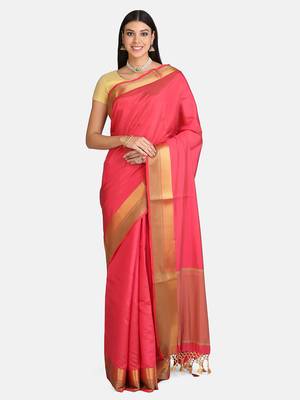 Pink printed art silk saree with blouse 1