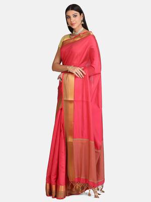 Pink printed art silk saree with blouse 3