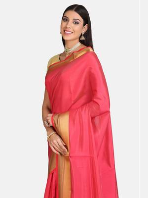 Pink printed art silk saree with blouse 4