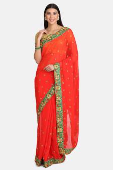 Red embroidered georgette saree with blouse