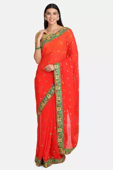 Red embroidered georgette saree with blouse