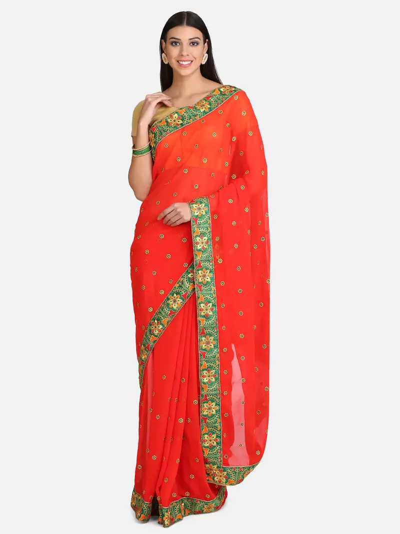 Red embroidered georgette saree with blouse