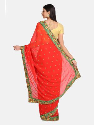 Red embroidered georgette saree with blouse 4