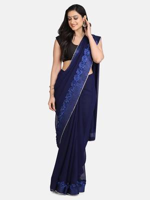 Blue embroidered georgette saree with blouse 1
