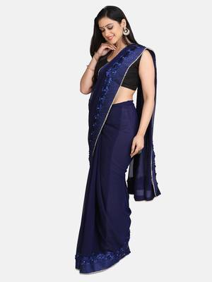 Blue embroidered georgette saree with blouse 3
