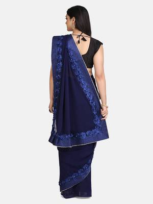 Blue embroidered georgette saree with blouse 4