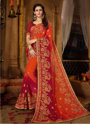 Orange embroidered georgette saree with blouse 1
