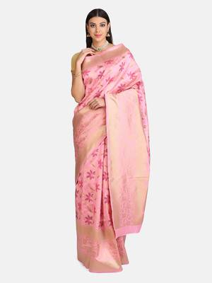 Pink Woven Banarasi Silk Blend Saree With Blouse 1
