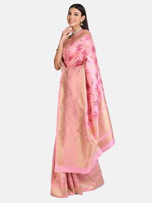 Pink Woven Banarasi Silk Blend Saree With Blouse 2
