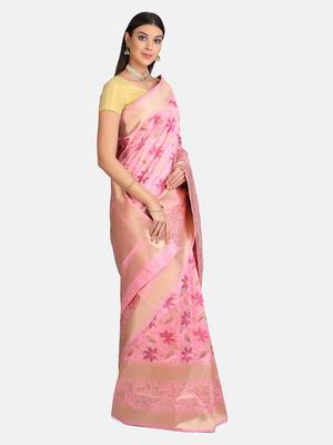 Pink Woven Banarasi Silk Blend Saree With Blouse 3
