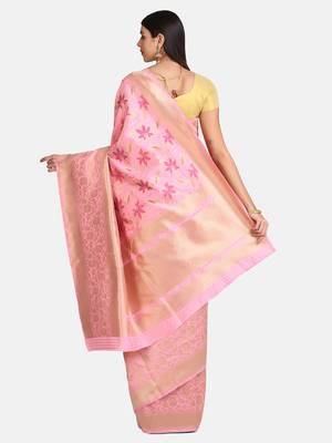 Pink Woven Banarasi Silk Blend Saree With Blouse 4