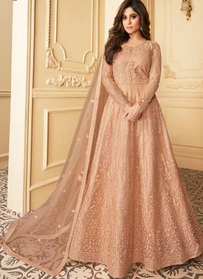  Shamita Shetty Peach Embroidery Butterfly Net semistich Designer Silk Satin Salwar Suit. 1