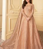  Shamita Shetty Peach Embroidery Butterfly Net semistich Designer Silk Satin Salwar Suit.