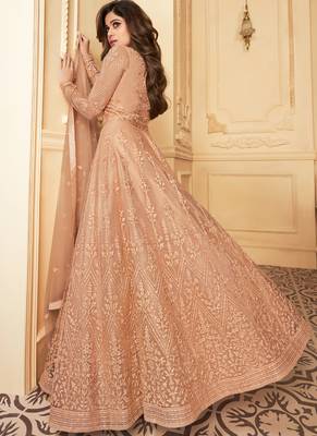  Shamita Shetty Peach Embroidery Butterfly Net semistich Designer Silk Satin Salwar Suit. 2