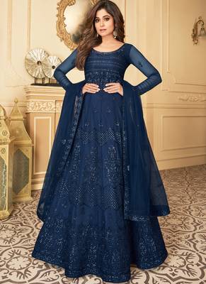 Navy Blue Embroidery Butterfly Net semistich Designer Silk Satin Salwar Suit. 1