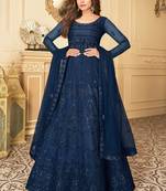 Navy Blue Embroidery Butterfly Net semistich Designer Silk Satin Salwar Suit.