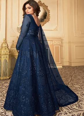 Navy Blue Embroidery Butterfly Net semistich Designer Silk Satin Salwar Suit. 2