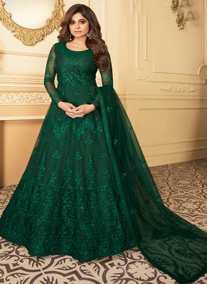 Green Embroidery Butterfly Net semistich Designer Silk Satin Salwar Suit. 1