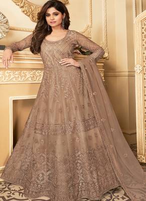 Beige Embroidery Butterfly Net semistich Designer Silk Satin Salwar Suit. 1