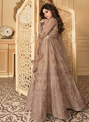 Beige Embroidery Butterfly Net semistich Designer Silk Satin Salwar Suit. 2